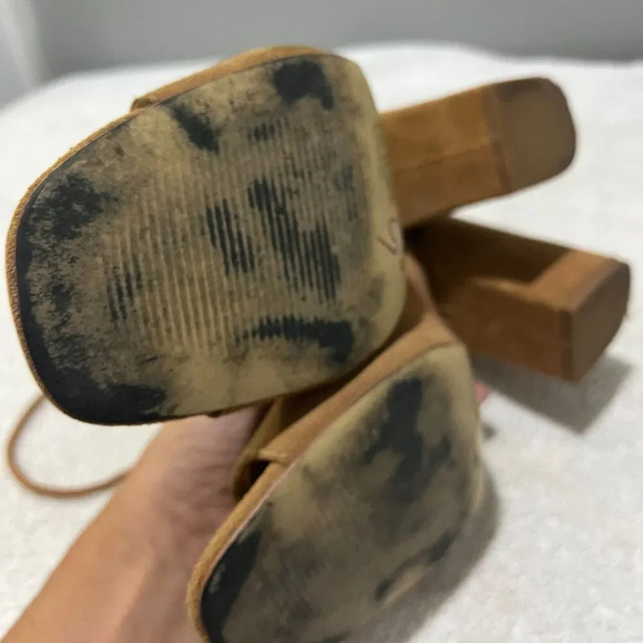 Urban Outfitters Women Brown Strappy Heels 9 Suede Lace Up Block Peep Toe Summer - Picture 6 of 16